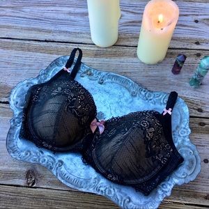 DKNY Fancy Floral Black Lace Bra with Pink Bow 36D